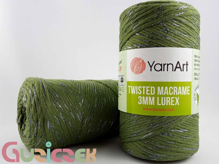 YarnArt twisted macrame 3mm lurex 787 oliwka